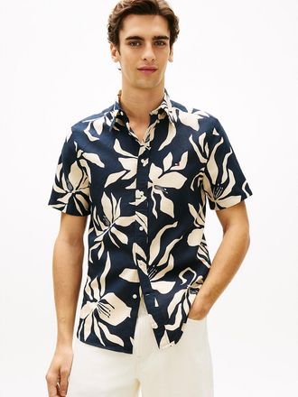 Tommy Hilfiger Mens Tropical Print Cotton-Linen Blend Shirt - Navy - XXL