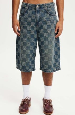 Cotton On Mens Super Baggy Jort in Check Up Blue at Nordstrom, Size 26
