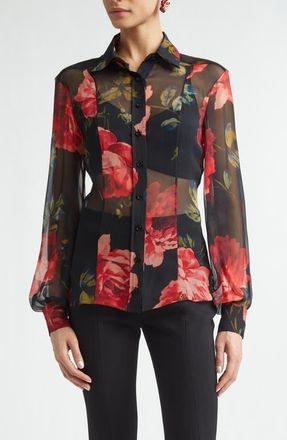 Carolina Herrera Isabella Sheer Silk Chiffon Button-Up Shirt in Black Multi at Nordstrom, Size 10