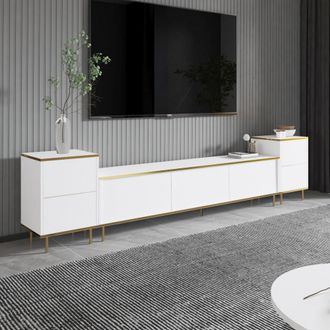 Dmora Mueble Para Tv Cortin, 2 Estantes, 5 Puertas, Con Acabados Dorados, 260x35x45h Cm Blanco