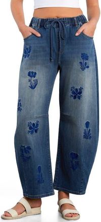 HINT OF BLU Embroidered Barrel Leg Drawstring Jeans in Ace Blue at Nordstrom, Size X-Large