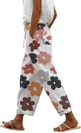 Generic Ladies Casual Patterned Trousers Elasticated Waist - Trousers Womens Short Leg Petite - Summerpants Haremtrousers with Pockets Joggers Baggy High Wais