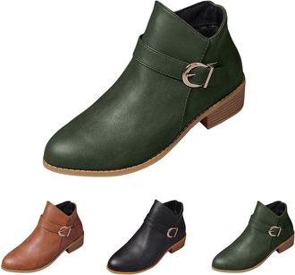 Generic Womens Boots Size 3.5 Low Heel Pointed Toe Belt Buckle Short Ankle Boots Shoes with Side Zipper Ladies Classic Anti-Slip Rubber Sole Lightweight Casua