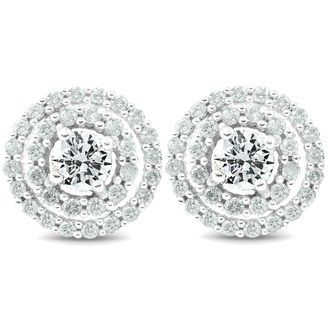 Pompeii3 1Ct Diamond Double Halo Studs Screw Back Womens Earrings White Gold 10.2MM