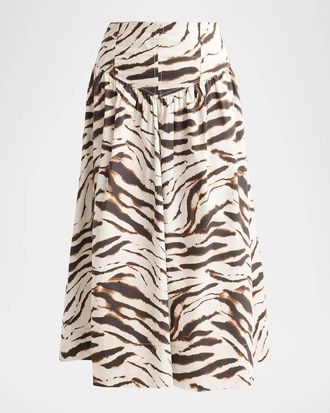 Ganni Zebra Print Stretch-Cotton Midi Skirt