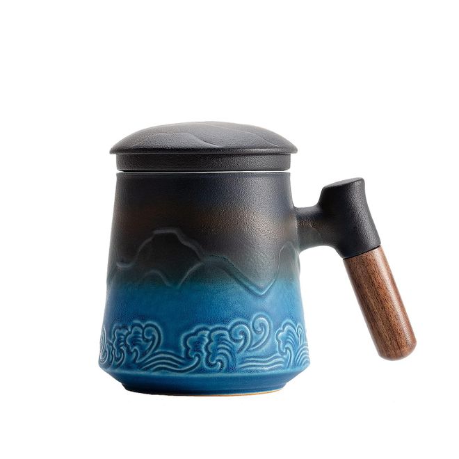 Zens Teetasse mit Deckel und Sieb, 450ml Große Holzgriff Teebecher mit Teesieb und Gradienten Geprägtem Muster, Matte Keramik Teetassen für Tee Geschenke, ab 22,09 €