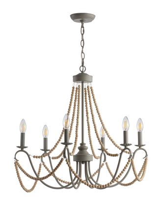 Jonathan Y Designs Jonathan Y Rustica 6-Light 27In Adjustable Greige Metal/Wood Bead Led Chandelier