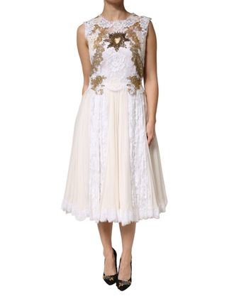 Dolce & Gabbana Womens Ivory Lace Silk Embellished Sleeveless Dress Off White Cotton
