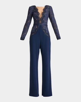 Tadashi Shoji Amaris Plunging Illusion Lace & Crepe Jumpsuit