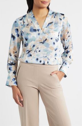 Anne Klein Blurred Floral Pleat Front V-Neck Top in White Dove Multi at Nordstrom, Size Medium