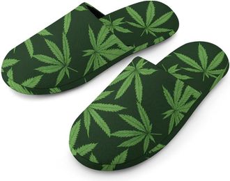 Generic Green Weeds Pattern Flannel Mens Slip-on Slippers Winter Warm House Shoes with Rubber Sole for Home Hotel