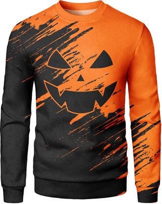 Generic Halloween Mens Long Sleeve Round Neck Sweatshirt - Casual Sweatshirt Pumpkin Festival Loose Pullover (UK, Alpha, 4XL, Regular, Regular, 10)