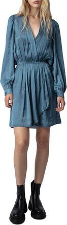 Zadig&Voltaire Remember Long Sleeve Faux Wrap Satin Minidress in Bluestone at Nordstrom, Size Medium