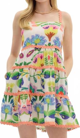 Entro Botanical Tiered Mini Dress In Peach Green