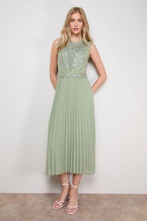 Oasis Womens Lace Trim Detail Pleated Midi Dress - Green Cotton - Size 8 UK