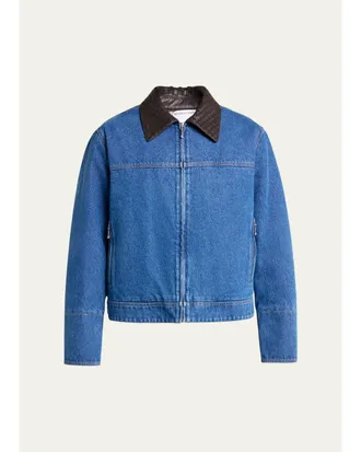 Bottega Veneta Mens Leather Intrecciato-Collar Denim Jacket
