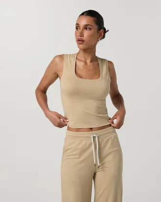 Vuori Clothing Halo Essential Scoop Tank Top | Khaki Heather | XS, Size Extra Small
