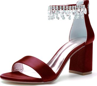 Generic Wedding Shoes Bridal Block Heel Wedding Sandals Satin Prom Party Dress Pumps Open Toe Bridal Shoes Wedding Heels 8Cm,Wine red,10 UK