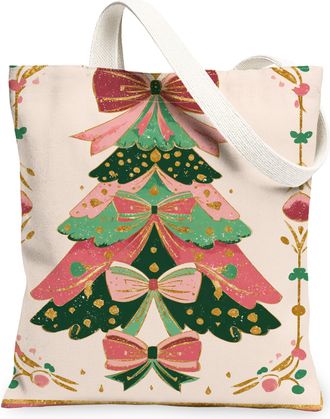 Generic Christmas Tree Canvas Tote Bags, Elegant Floral Design Reusable Grocery Bags, Vintage Lightweight Washable Shoulder Strap C, Peach, 13x15 Inch