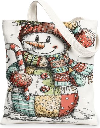 Generic Winter Snow man Canvas Tote Bags, Holiday Cheer Decorative Pattern Reusable Bags, Vintage Lightweight Washable Shoulder Str, White, 13x15 Inch