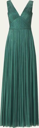 Costarellos Anilia Pleated Silk Sleeveless Slit Gown