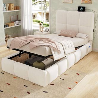 Matteo Upholstered Single Bed - Hydraulic Storage & USB - Velvet in Beige