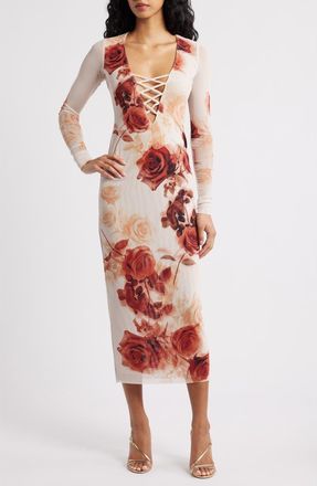 AFRM Cambria Print Long Sleeve Mesh Midi Dress in Sepia Roses at Nordstrom, Size X-Small