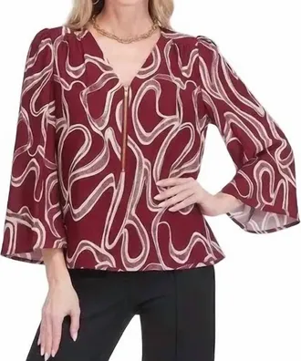 Jade Yoga V-Neck Zipper Blouse In Red Ribbons