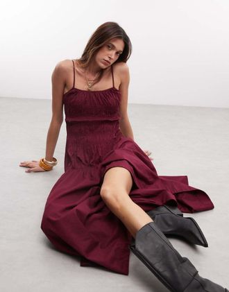 Gina Tricot Gina Tricot vestito lungo in cotone con corpino arricciato bordeaux-Rosso
