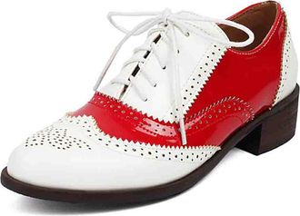 Generic Womens Contemporary Brogues Color Block Oxford Shoes with Low Heel for Work and Leisure Wear Round Toe Design,Red,6.5 UK