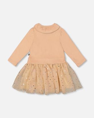 Deux par Deux Bi-Material Dress with Glittering Skirt in Beige at Nordstrom, Size 12M