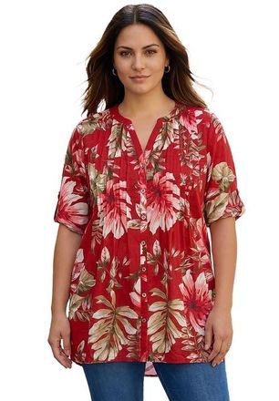 Roaman's Pintuck Tunic Blouse Y-Neck & Roll-Tab Sleeves in Antique Strawberry Tropical at Nordstrom, Size 32