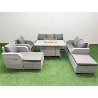 Fimous Pe Rattan Garden Furniture Set Reclining Chair Sofa Double Love Seat 2 Seater Sofa Lounge Set Firepit Dining Table 2 Big Footstool Light Grey - Fimous