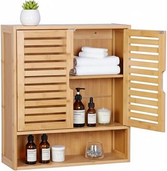 Relaxdays Relaxdays bathroom wall cabinet, 3 compartments, HWD: 66 x 59 x 21 cm, slatted doors, magnetic lock, slim design, white