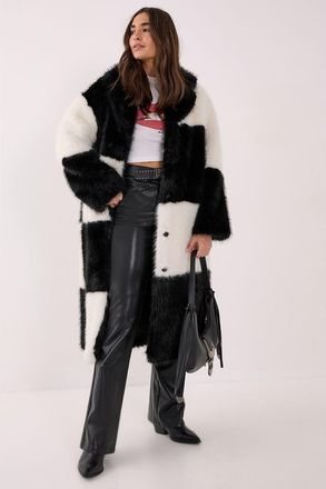NASTY GAL Mono Check Faux Fur Coat at Nordstrom, Size 4