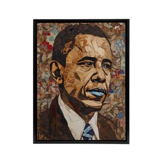 Artery8 Barack Obama Collage Art Portrait Framed Canvas Wall Art Print in Brown | Size: W24 x H32