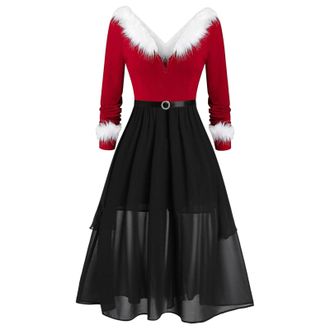 Generic Dresses for Women UK Fancy Dress Mrs Santa Claus Red Velvet A-Line V-Neck Sexy Christmas Dresses Costume Outfit Cocktail Dress for Xmas Party Cosplay 