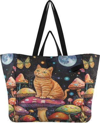 Generic Cat Red Mushrooms print Reusable Canvas Tote Bag, Heavy Duty Grocery Shopping Bag with Hard Bottom Large Capacity Double Handles Work Groceries Travel