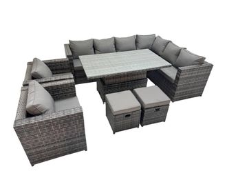 Fimous 10 Seater Rattan Corner Sofa Sets with 2 Chairs 2 Small Stools in Dark Grey