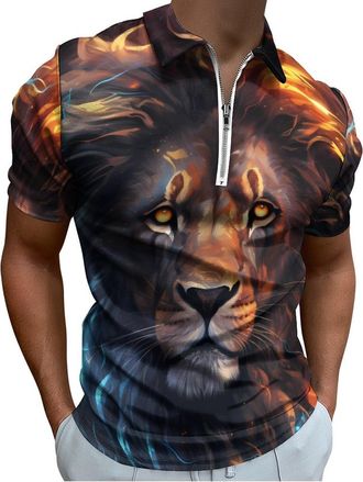 Generic Lion Art Mens Polo Shirt Zippered Short Sleeve Golf T-Shirt Tee Summer Top