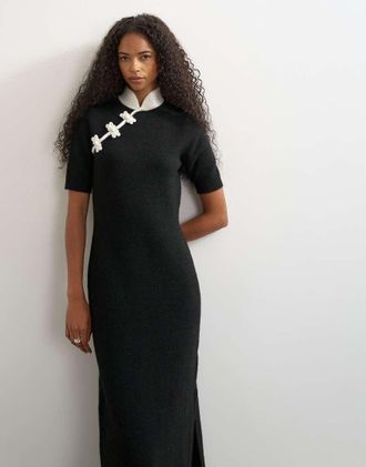 Topshop vestito maxi lavorato a maglia con colletto alla coreana e lana, nero monocromatico-Nessun colore