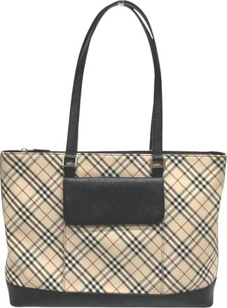 Burberry Beige Black Canvas Leather Tote Bag (Pre-Owned)