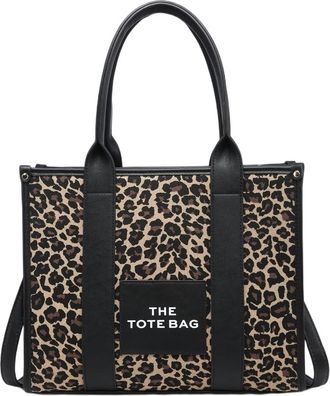 Generic THE TOTE BAG Leopard Print Canvas Handbag, Black Leather Trim, Designer Shopping Tote with Shoulder Straps (Black)