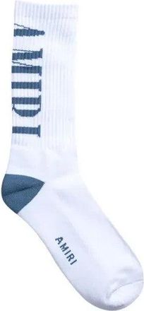 Amiri Vertical Logo Socks in White/Dusty Blue