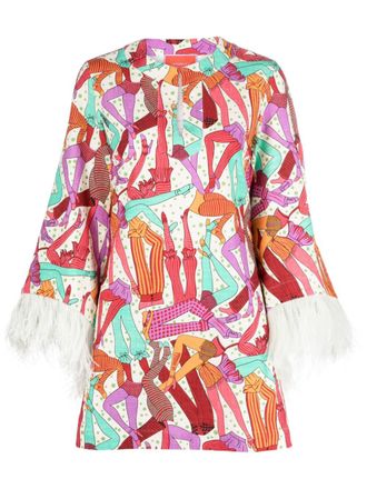 La DoubleJ feather-trim printed cotton dress - women - Ostrich Feather/Elastane/Viscose - S - Neutrals