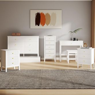 Melody Maison 6 Drawer Chest Of Drawers, Tall 5 Drawer Bedside Table, Pair Of 3 Drawer Bedside Tables & Dressing Table Set - Hales White Range