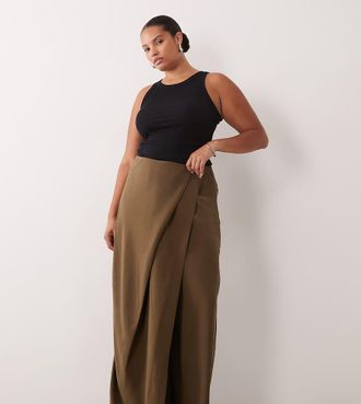 Asos Curve pantaloni sartoriali a portafoglio con vita annodata e gamba ampia in oliva-Verde