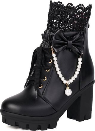 Generic Womens Cute Lolita Platform Ankle Boots with Lace Pearl Chain Bow Block High Heel Goth Punk Party Dress Shoes with Zipper (Black,7.5)