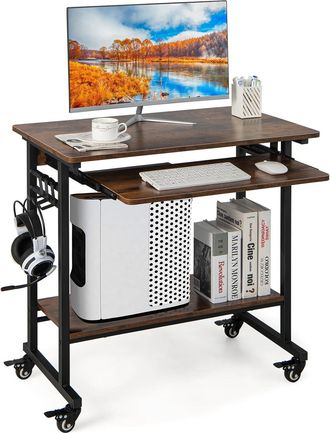 Costway Costway Mesa Escritorio Con Ruedas, Escritorio Industrial Con Bandeja Extra&iacute;ble Para Teclado, 3 Ganchos, Estante De Almacenamiento, Mesa De Ordenador 