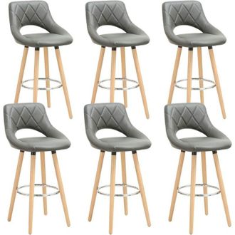 Woltu Set di 6 sgabelli da bar, similpelle e legno massello con schienale e poggiapiedi, 43x43x91cm, grigio - Woltu